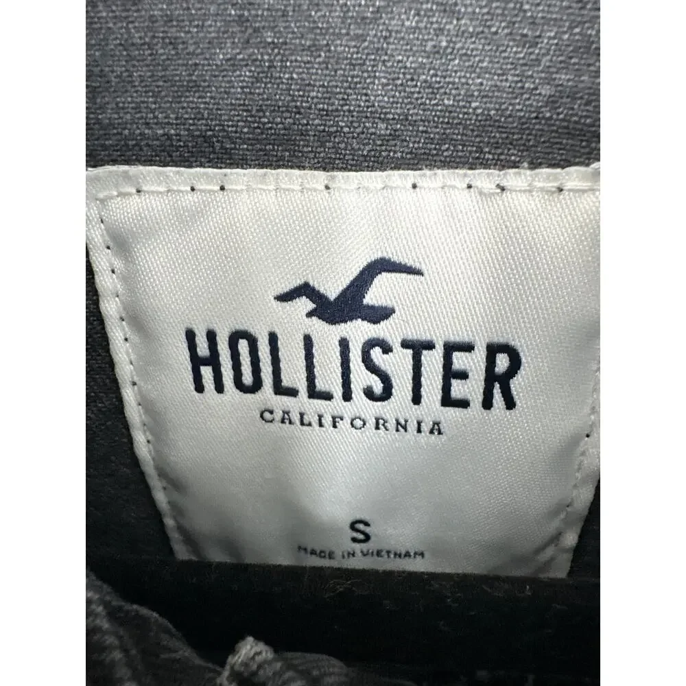 Hollister Denim Jacket Womens Small Black Cropped Button Raw Hem Boho Grunge